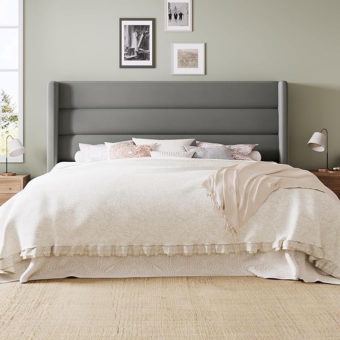 Allewie Queen Size Platform Bed Frame with Velvet Upholstered Wingback Headboard, No Box Spring Needed, Under Bed Storage Space, Strong Wooden Slats, Modern Mattress Foundation, Easy Assembly, Grey