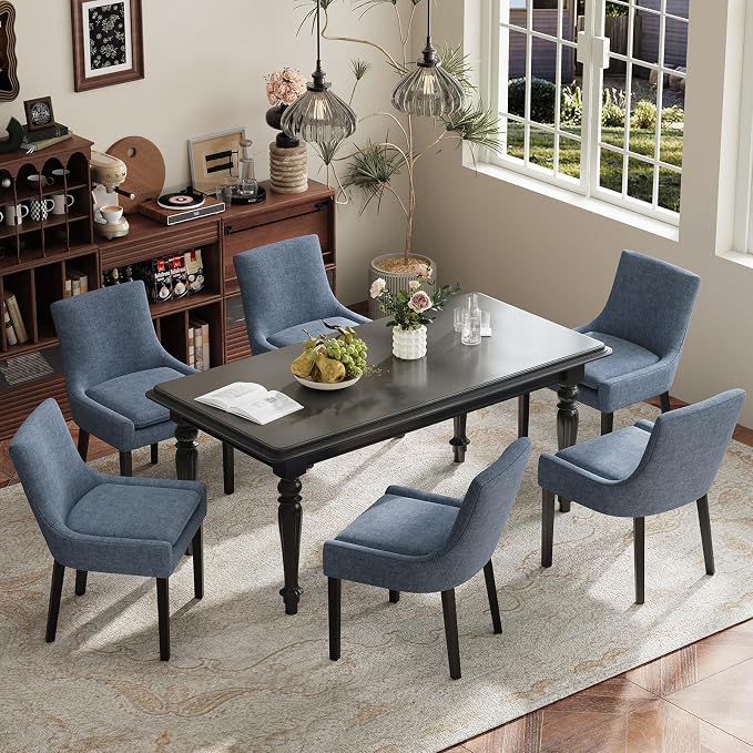 Modern Dining Room Chairs Set of 6 with Mid Back and Wood Legs, Upholstered Kitchen Chairs for Dining Room/Living Room, Blue