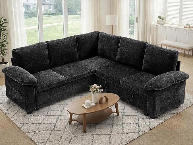 85" Modular Sectional Sofa Bed with Storage, L Shaped Pull Out Couch, Removable Chenille Sofa Cover for Living Room (Black, 5 Seat)