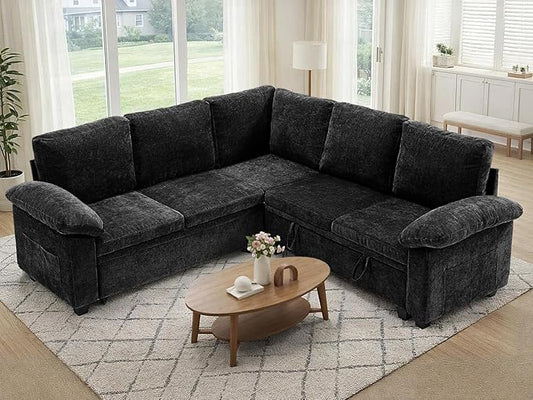 85" Modular Sectional Sofa Bed with Storage, L Shaped Pull Out Couch, Removable Chenille Sofa Cover for Living Room (Black, 5 Seat)