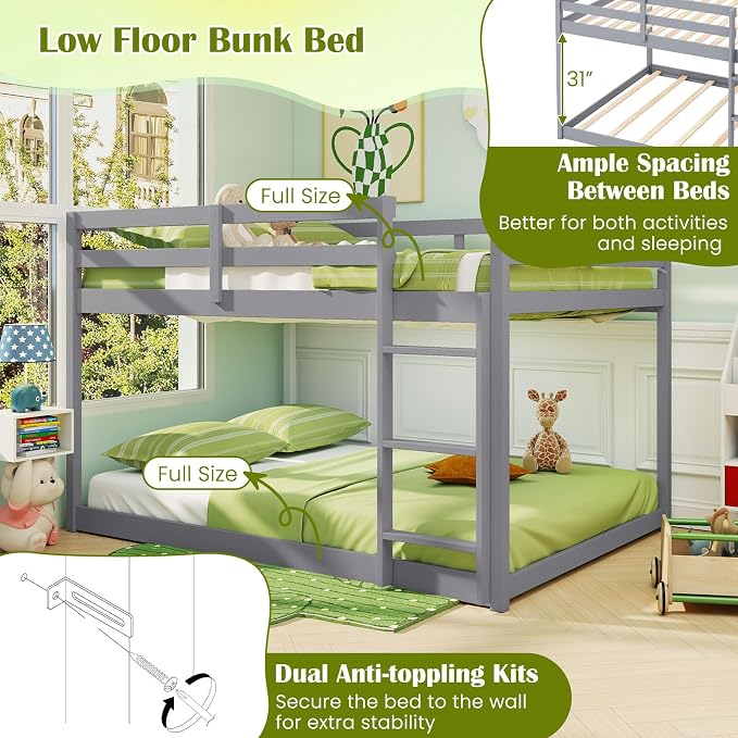 Giantex Full Over Full Bunk Bed, Solid Wood Kids Bunk Bed with Full-Length Guardrails, Integrated Ladder & Anti-Tippling Kits, Low Bunk Beds with Slats Support for Kids, Teens, Grey