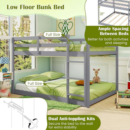 Giantex Full Over Full Bunk Bed, Solid Wood Kids Bunk Bed with Full-Length Guardrails, Integrated Ladder & Anti-Tippling Kits, Low Bunk Beds with Slats Support for Kids, Teens, Grey