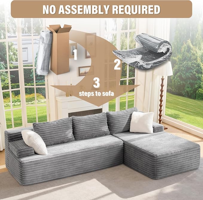 Hobestluk Boneless Couch Modular Sectional Sofa L-Shape Cloud Couch Lounge | 96" Right Facing Chaise Pale Gray,Memory Foam,Removable Cover,Non-slip Bottom,No Assemble Required,Furniture for Small Home