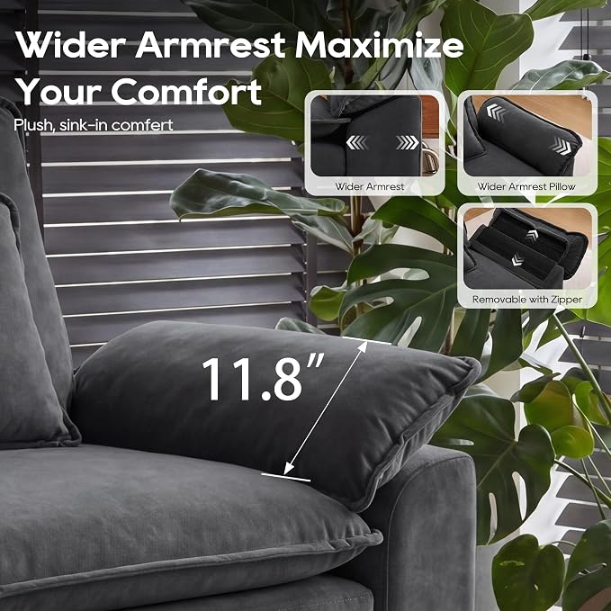 URRED Oversized Modular Sectional Sofa, 87" L Shaped Modern Comfy Cloud Couch with Movable Ottoman & Pillows, Deep Seat Couches for Living Room, Bedroom or Apartment (Velvet Grey, 87" L Shaped)