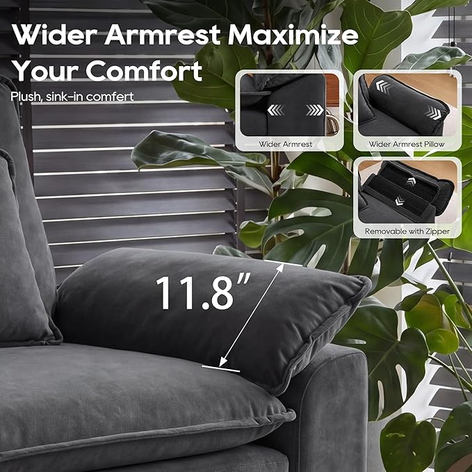 URRED Oversized Modular Sectional Sofa, 122" L Shaped Modern Comfy Cloud Couch with Movable Ottoman & Pillows, Deep Seat Couches for Living Room, Bedroom or Apartment (Velvet Grey, 122" L Shaped)