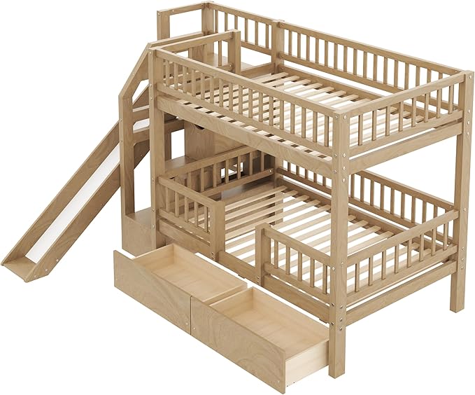 Twin Over Twin Bunk Bed with Storage Staircase, Slide and 2 Drawers,for Kids Teens Adults (Walnut#Slide, Twin Over Twin)