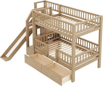 Twin Over Twin Bunk Bed with Storage Staircase, Slide and 2 Drawers,for Kids Teens Adults (Walnut#Slide, Twin Over Twin)