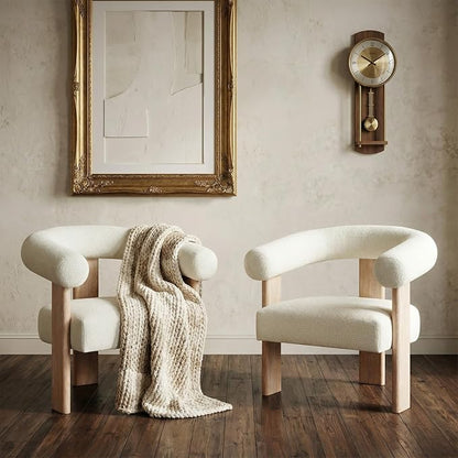 VKNOW Accent Chairs Set of 2, Modern Upholstered Living Room Chair Armchair with Solid Wood Legs, Comfy Barrel Arm Chairs for Living Room Bedroom, Cream