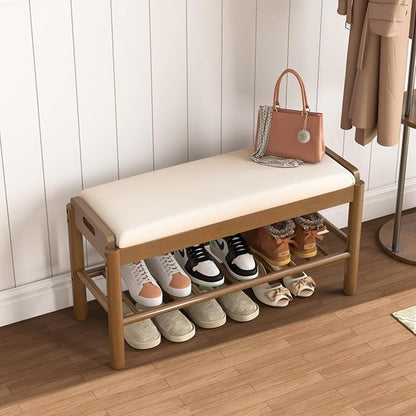 Entryway Shoe Storage Bench, 2-Tier Wood Shoe Rack with Cushion, Padded Seat Entryway Organizer with Shelf & Hidden Storage for Entry, Hallway, Living Room, Bedroom, Closet (Walnut, 31.5")