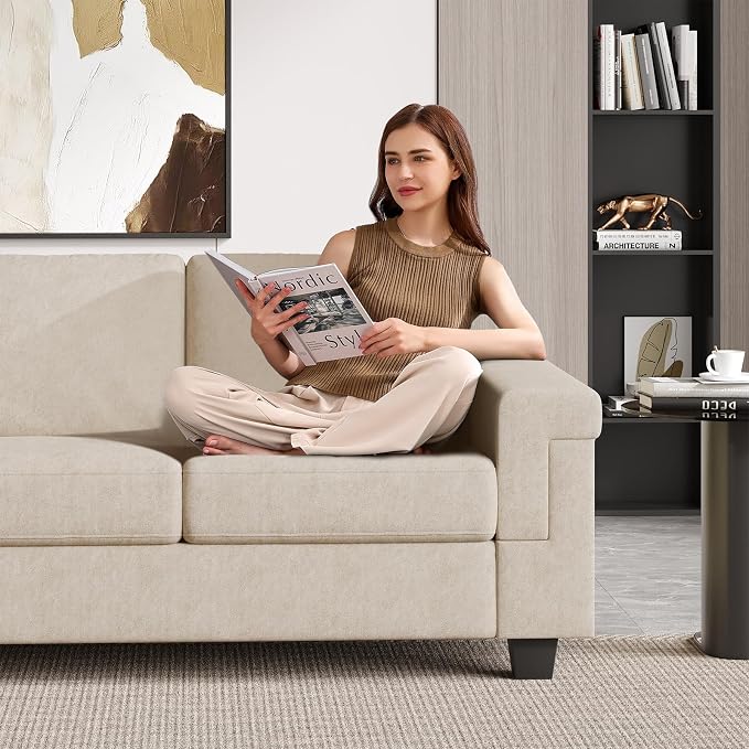 COPIAE 3 Seater Sofa Couch with Deep Seat, 90" Modern Upholstered Sofa with Armrests, Easy Installation, Comfy Couches for Living Room, Apartment, Beige