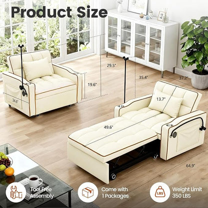 Convertible Sleeper Chair, Chairs Bed Sleepers for Adults, Pull Out Chair Sleeper with Bracket and Cup Holder, 3 in 1 Sofa Bed Chairs for Small Spaces, Living Room, White