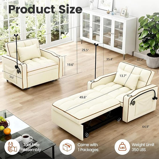 Convertible Sleeper Chair, Chairs Bed Sleepers for Adults, Pull Out Chair Sleeper with Bracket and Cup Holder, 3 in 1 Sofa Bed Chairs for Small Spaces, Living Room, White