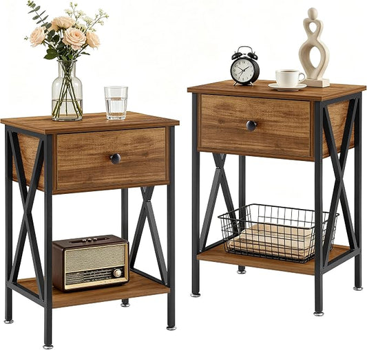 VECELO Nightstands Set of 2, Modern Bedside End Tables, Night Stands with Drawer and Storage Shelf for Living Room Bedroom, Industrial Metal Frame