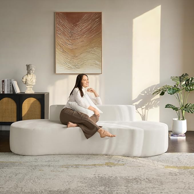 94.5" Boneless Sofa with 2 Pillows, 3 Seater Compressed Foam Sofa with Half Moon Design & Deep Seat, No Assembly Required, Modern Cloud Couch for Living Room, Ivory