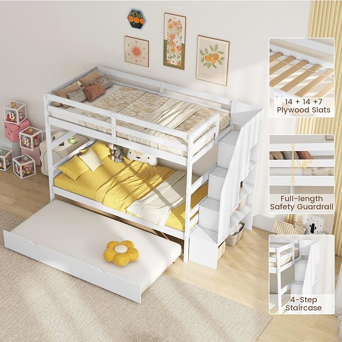 Giantex Bunk Bed Twin Over Twin with Trundle & Storage Stairs, Solid Wood Bunk Bed, Convertible to 2 Beds, Versatile Bunk Beds for Kids Teens Adults,White