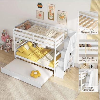 Giantex Bunk Bed Twin Over Twin with Trundle & Storage Stairs, Solid Wood Bunk Bed, Convertible to 2 Beds, Versatile Bunk Beds for Kids Teens Adults,White