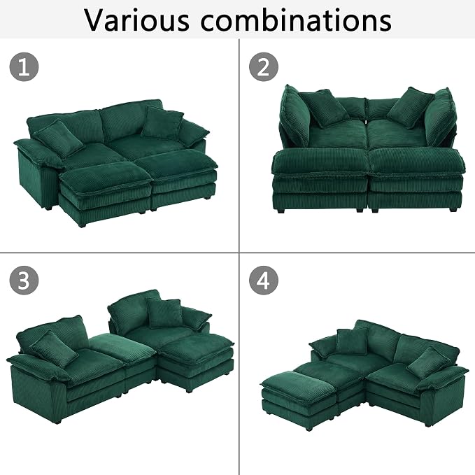 84.6” Corduroy Loveseat with Ottoman, Oversized Double Chaise Lounge Chair Indoor Deep Seat Two Seater Couch Cloud Couch Modular Sectional Sofa for Living Room(Corduroy Green)