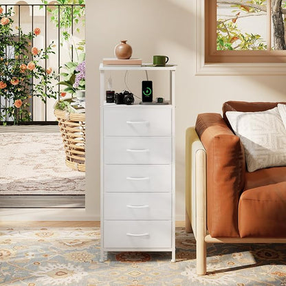 Somdot White Nightstand with Charging Station and LED Light for Bedroom, Tall 5 Drawers Dresser with Fabric Bins for Bedside Kids Dorm Room Closet Laundry Entryway, White Leather