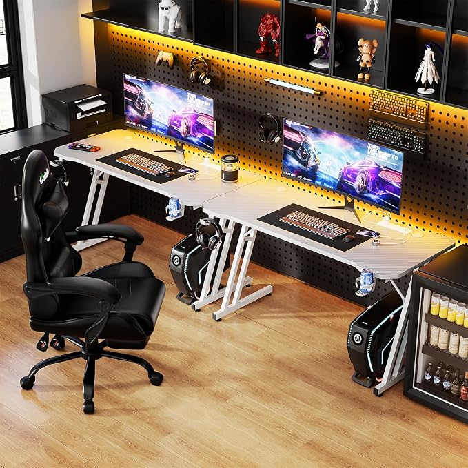 Czlolo 47 Inch Gaming Desk with Power Outlets, L-Shape Leg Computer Desk, Gamer Desk for Small Space, Wtih Cup Holder, Headphone Stand, USB＆ Tpye-C Ports, Carbon Fiber Surface, White