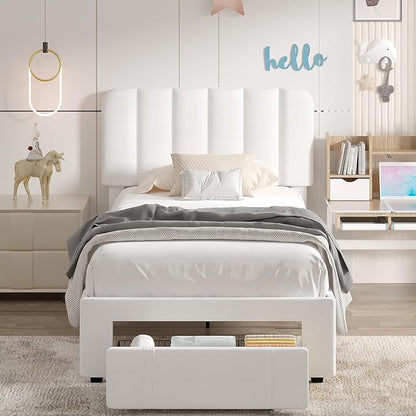 VECELO Twin Size Upholstered Bed Frame with Drawer and Headboard, Velvet Platform Storage Bedframe, Wooden Slats Support, No Box Spring Needed, White