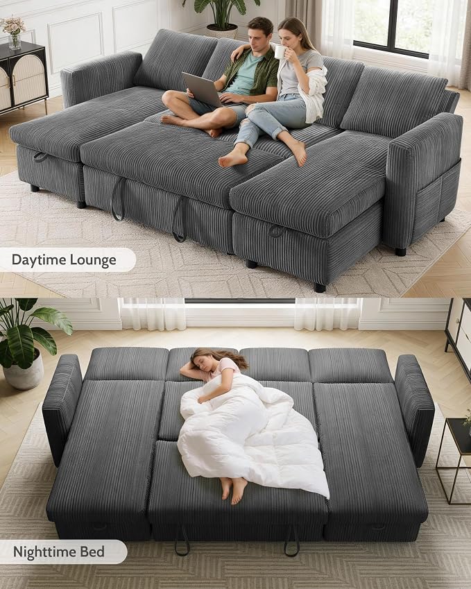 WEUP 106" U Shaped Sectional Sleeper Sofa Bed with Pull Out Bed, Sectional Sleeper Couch Pull Out Couch with Reclining Backrest/Reversible Storage Chaise/USB Ports/Tool-Free Assembly, Corduroy Grey