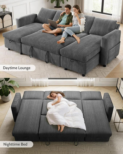 WEUP 106" U Shaped Sectional Sleeper Sofa Bed with Pull Out Bed, Sectional Sleeper Couch Pull Out Couch with Reclining Backrest/Reversible Storage Chaise/USB Ports/Tool-Free Assembly, Corduroy Grey