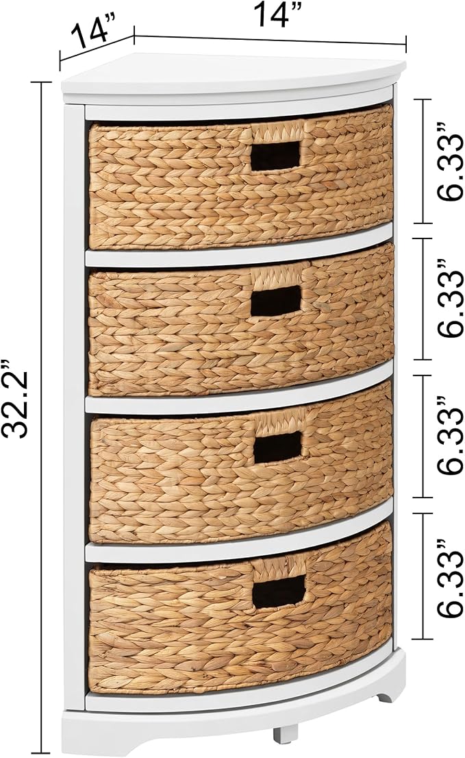 eHemco Hampton Meadows 4 Tier X-Side Corner Table Storage Cabinet, White | 4 Wicker Baskets