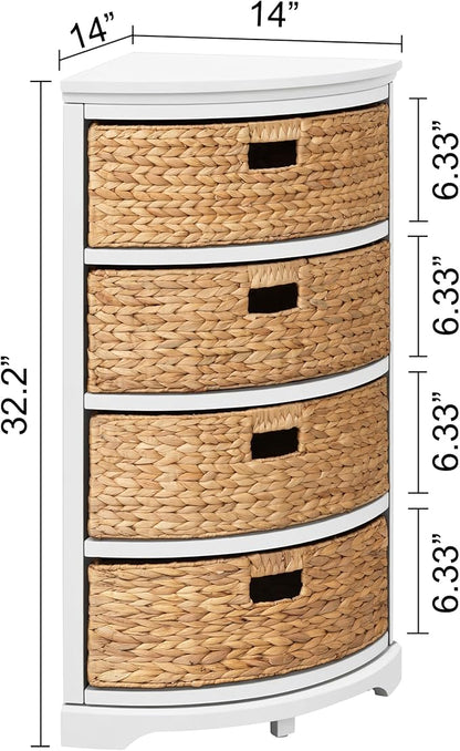 eHemco Hampton Meadows 4 Tier X-Side Corner Table Storage Cabinet, White | 4 Wicker Baskets