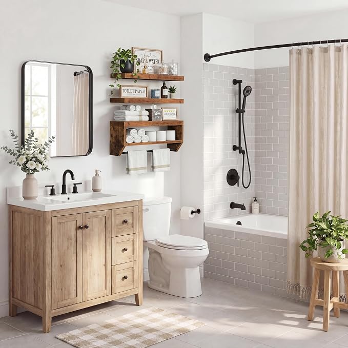 QEEIG Bathroom Floating Shelves for Wall - Shelf Over Toilet Paper Storage Farmhouse 24 inch Set of 3, Rustic Brown (028-60BN3)