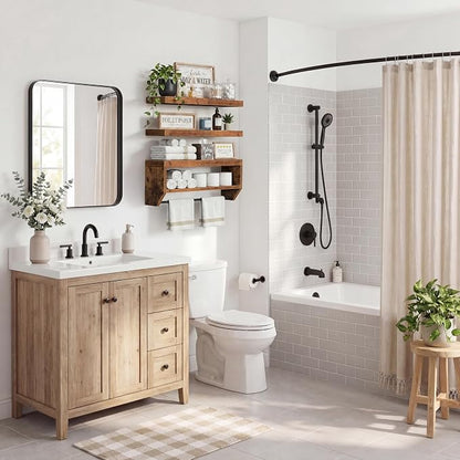 QEEIG Bathroom Floating Shelves for Wall - Shelf Over Toilet Paper Storage Farmhouse 24 inch Set of 3, Rustic Brown (028-60BN3)