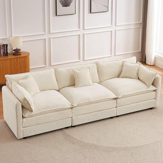 Modular Sectional Sofa, 112.2 Inch Rectangle Shaped Couch Set with Armrests, 3-Seater Comfy Cloud Couches for Living Room Apartment, Beige