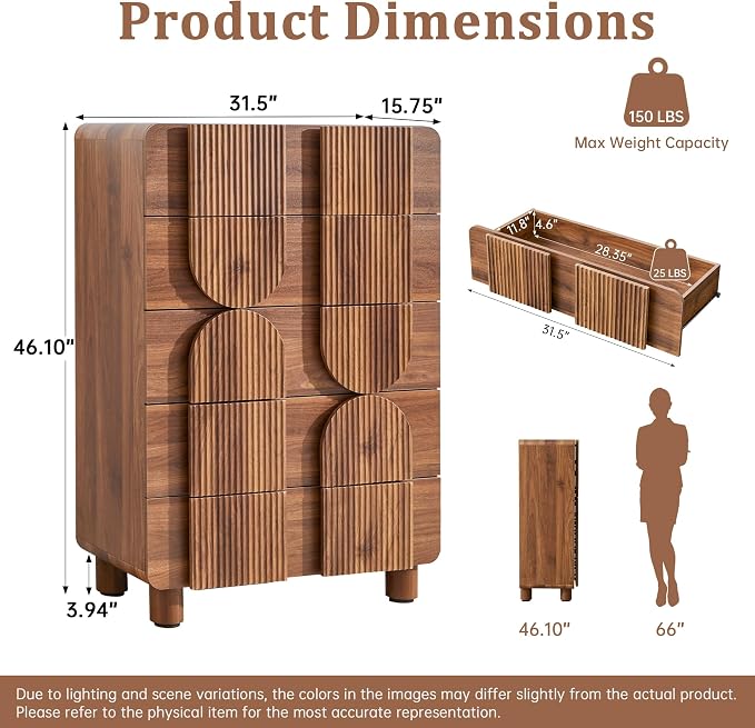 Fluted 5 Drawers Dresser for Bedroom, 46" Tall Dressers & Chest of Drawers w/Curved Profile Design, Wood Mid Century Modern Vertical Storage Dressers Organizer for Living Room, Hallway, Walnut