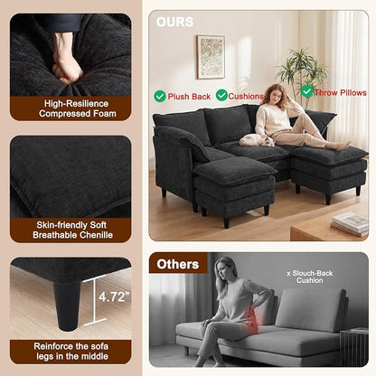 3 Seater U-Shape Couch Sofa with Ottomans, 69" Small Couch Modern Comfy Cloud Sofa with 23" Deep Washable Pillow ChenilleCover Couches for Living Room Bedroom Apartment Office 69-Black-U