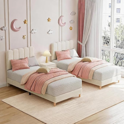 GarveeHome Twin XL Bed Frame, Upholstered Platform Bed with Wave Headboard for Girls/Kids, Easy Assembly, Wooden Slats Support, No Box Spring Needed, Boucle Beige