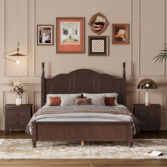 Harper & Bright Designs Bedroom Set Furniture, 3-Pieces Bedroom Sets, Full Size Wood Platform Bed and 2 Nightstands, Dark Walnut