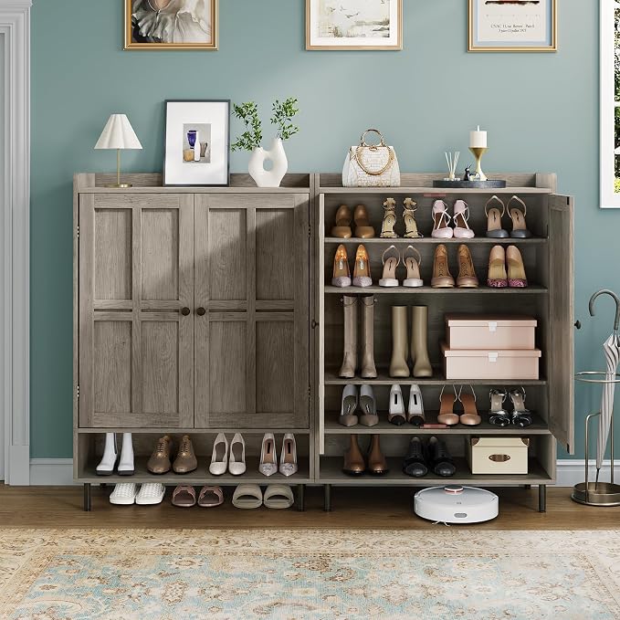 Shoe Storage Cabinet with 2 Doors, 6-Tier Shoe Cabinet with 3 Adjustable Shelves and Metal Legs, 45'' Tall Shoe Rack Organizer Cabinet for Entryway, Front Door, Gray Wash