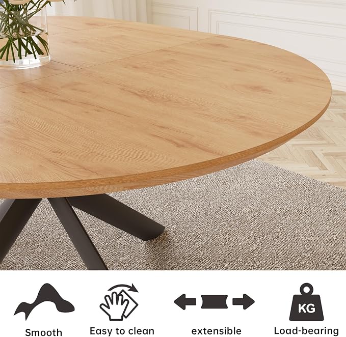 HIPIHOM 43.2"-59.1" Extendable Round Dining Table | Mid century modern oak finish, MDF board, space saving design, for 4-6 person, kitchen & coffee table