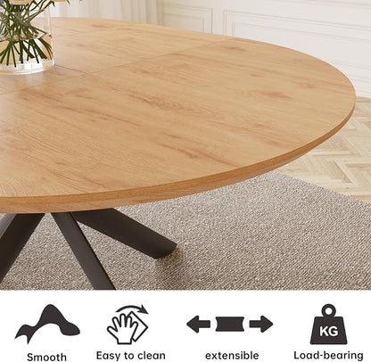 HIPIHOM 43.2"-59.1" Extendable Round Dining Table | Mid century modern oak finish, MDF board, space saving design, for 4-6 person, kitchen & coffee table