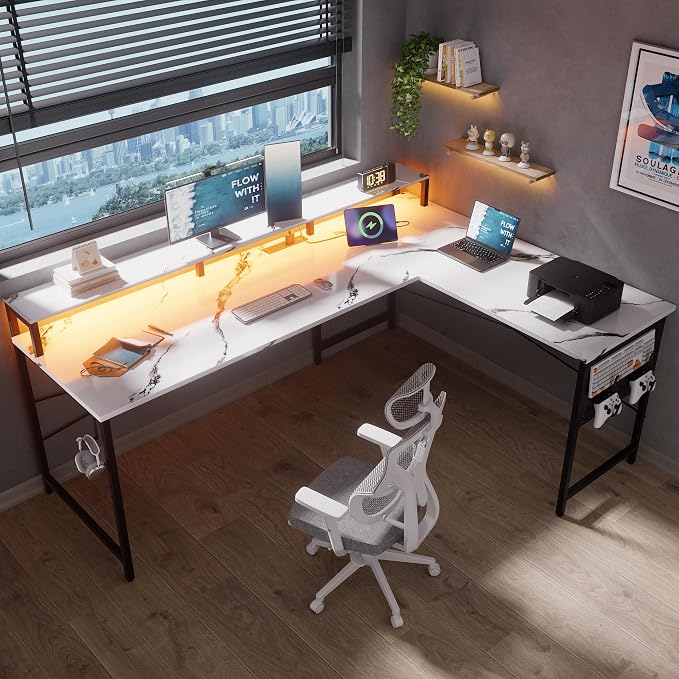 Pamray 64 Inch L Shaped Gaming Desk with Power Outlets and Led Lights, Large Corner Computer Desk with Monitor Stand and Pegboard, PC Table for Home Office and Bedroom Marble