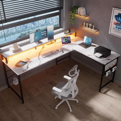 Pamray 64 Inch L Shaped Gaming Desk with Power Outlets and Led Lights, Large Corner Computer Desk with Monitor Stand and Pegboard, PC Table for Home Office and Bedroom Marble