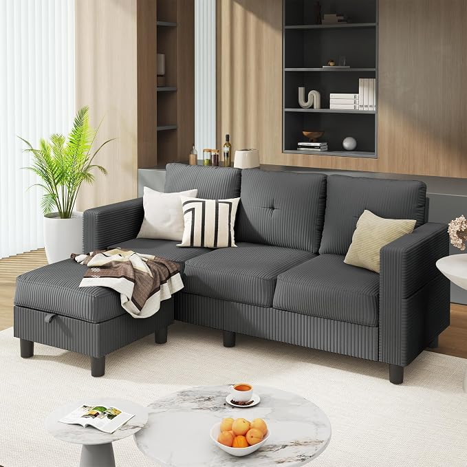 JAMFLY Convertible L-Shaped Sectional Sofa with Reversible Storage Ottoman, 3-Seat Couch with Side Pockets, Modern Compact Furniture for Small Apartments, Studios & Lofts, Grey