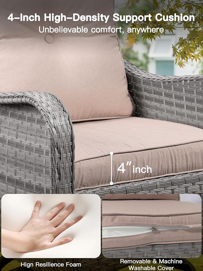 6-Piece Patio Furniture Set, Outdoor Swivel Rocking Chairs with 4" Thick Cushions & Side Table, All-Weather PE Rattan & Rust-Resistant Steel Frame Conversation Set for Porch, Garden, Backyard, Beige