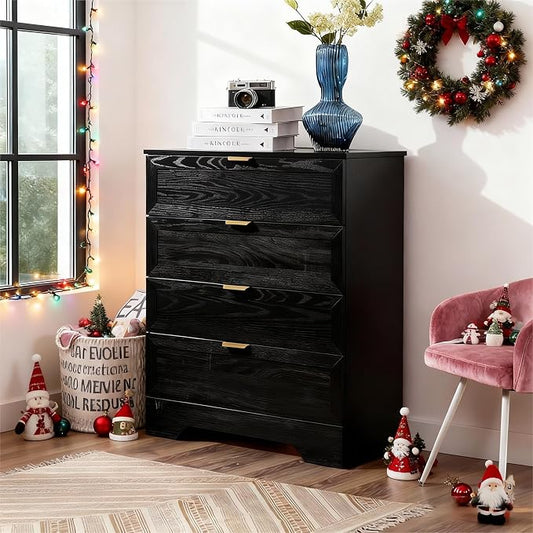 4 Drawers Dresser, Wooden Dresser for Bedroom with Large Drawer and Gold Handles Storage Chest Cabinet Organizer Living Room Closet Hallway, Black