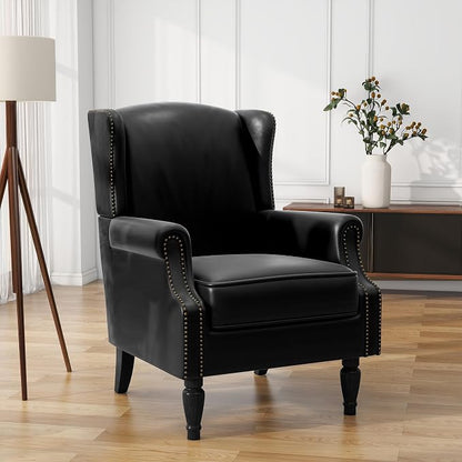 High Back Accent Chair, Faux Leather Wingback Chair Upholstered Armchair for Living Room - Black