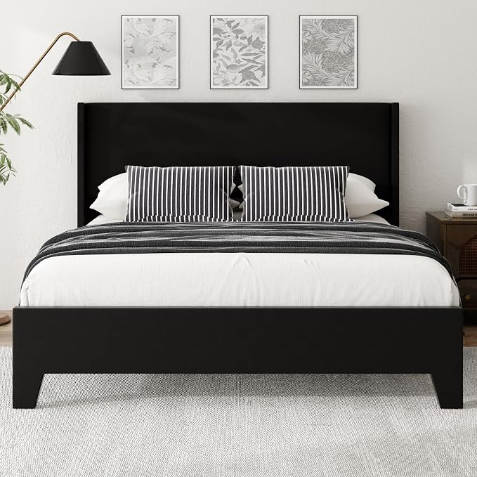 Queen Bed Frame with Faux Leather Upholstered Headboard, Wear-Resistant, Easy Clean, Mattress Foundation, No Box Spring Required, Easy Assembly, Black