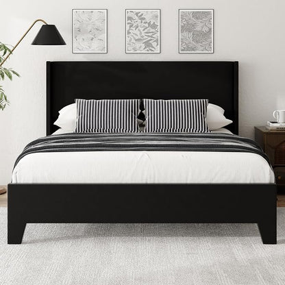 Queen Bed Frame with Faux Leather Upholstered Headboard, Wear-Resistant, Easy Clean, Mattress Foundation, No Box Spring Required, Easy Assembly, Black