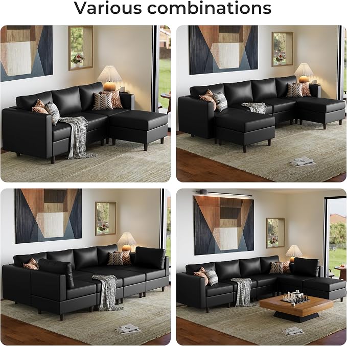 ABCASA Faux Leather Sectional, Modular Sectional Sofa with Storage Seats, 7 Seat Faux Leather Modular L Shaped Couches with Movable Ottoman for Living Room,Black