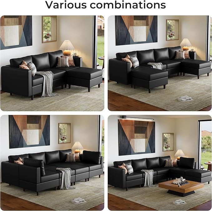 ABCASA Modular Sectional Loveseat Sofa Couch with Storage Seats, 3 Seater L Shaped Couch with Movable Ottoman for Small Spaces,Black