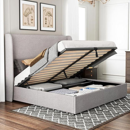 Jocisland Queen Size Upholstered Platform Bed Frame with Hydraulic Lift Storage, Wingback Headboard, Wood Slats Support, No Box Spring Needed, Linen Light Grey