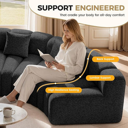 Oversized Curved Sofa, 4 Seater Modular Velvet Cloud Couch, Modern Boneless Sectional Couches for Living Room, No Assembly Required, Black 1PC